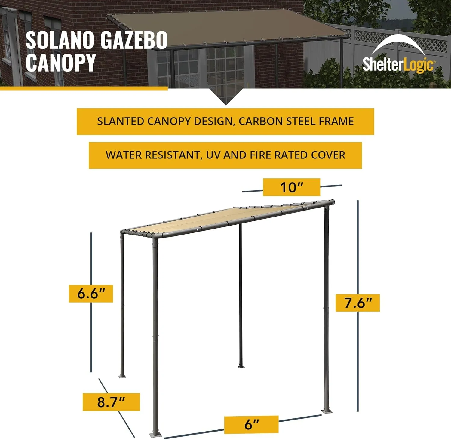 10' X 6' Solano Gazebo Canopy Charcoal Carbon Steel Frame and Marzipan Water-Resistant and Sun Protection Tan Cover