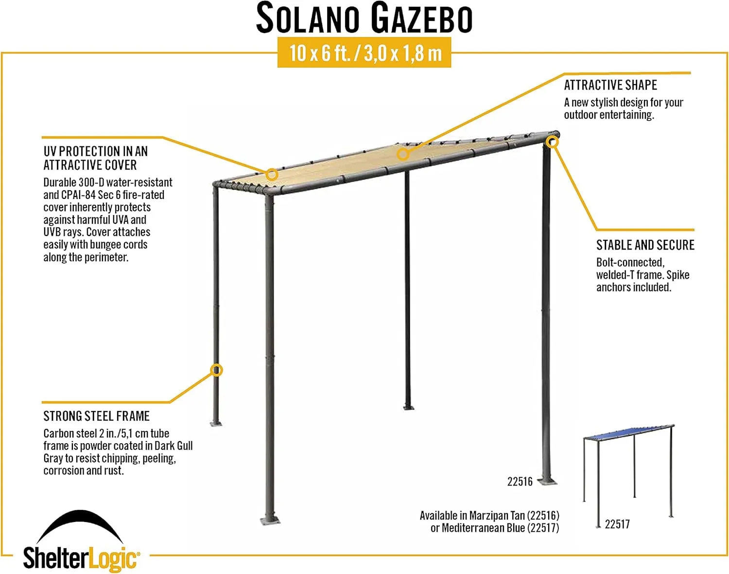 10' X 6' Solano Gazebo Canopy Charcoal Carbon Steel Frame and Marzipan Water-Resistant and Sun Protection Tan Cover