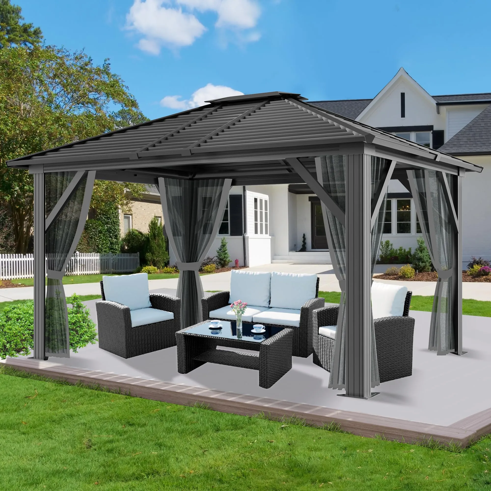 10x12ft Hardtop Gazebo with Netting and Fully Enclosed Zip Curtains, Heavy Duty Galvanized Steel Outdoor Stripes Roof for Patio, Backyard, Lawns (10x12 ft with Netting Only)