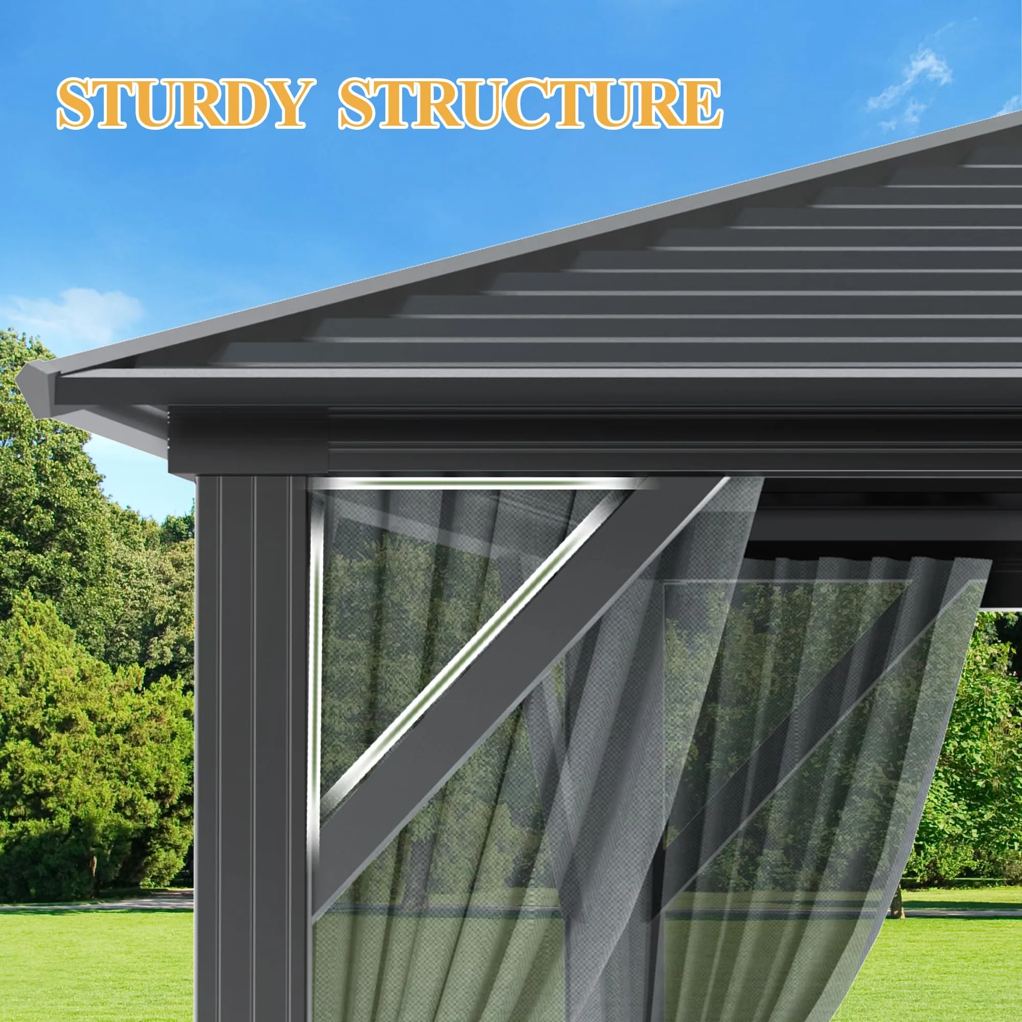 10x12ft Hardtop Gazebo with Netting and Fully Enclosed Zip Curtains, Heavy Duty Galvanized Steel Outdoor Stripes Roof for Patio, Backyard, Lawns (10x12 ft with Netting Only)