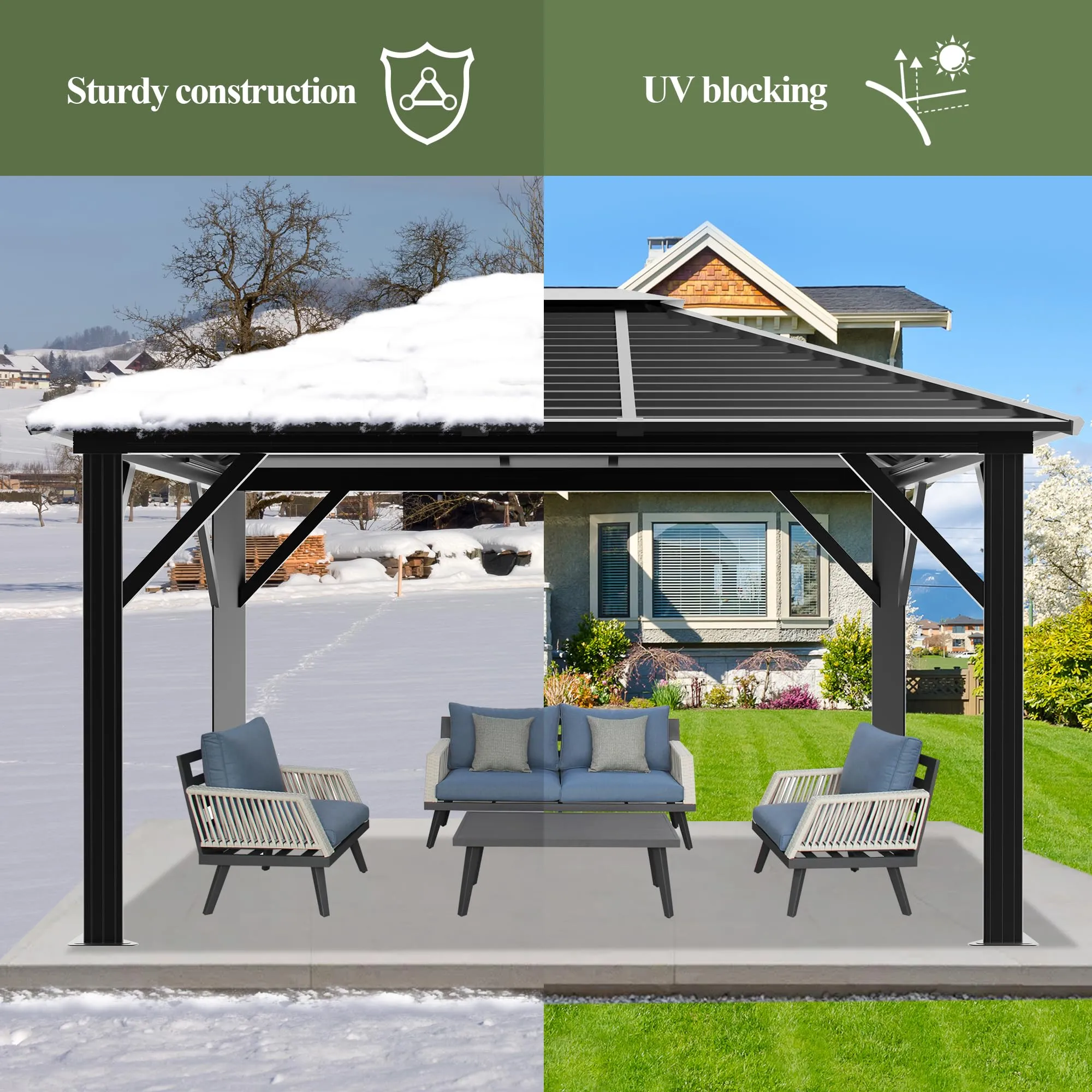 10x12ft Hardtop Gazebo with Netting and Fully Enclosed Zip Curtains, Heavy Duty Galvanized Steel Outdoor Stripes Roof for Patio, Backyard, Lawns (10x12 ft with Netting Only)