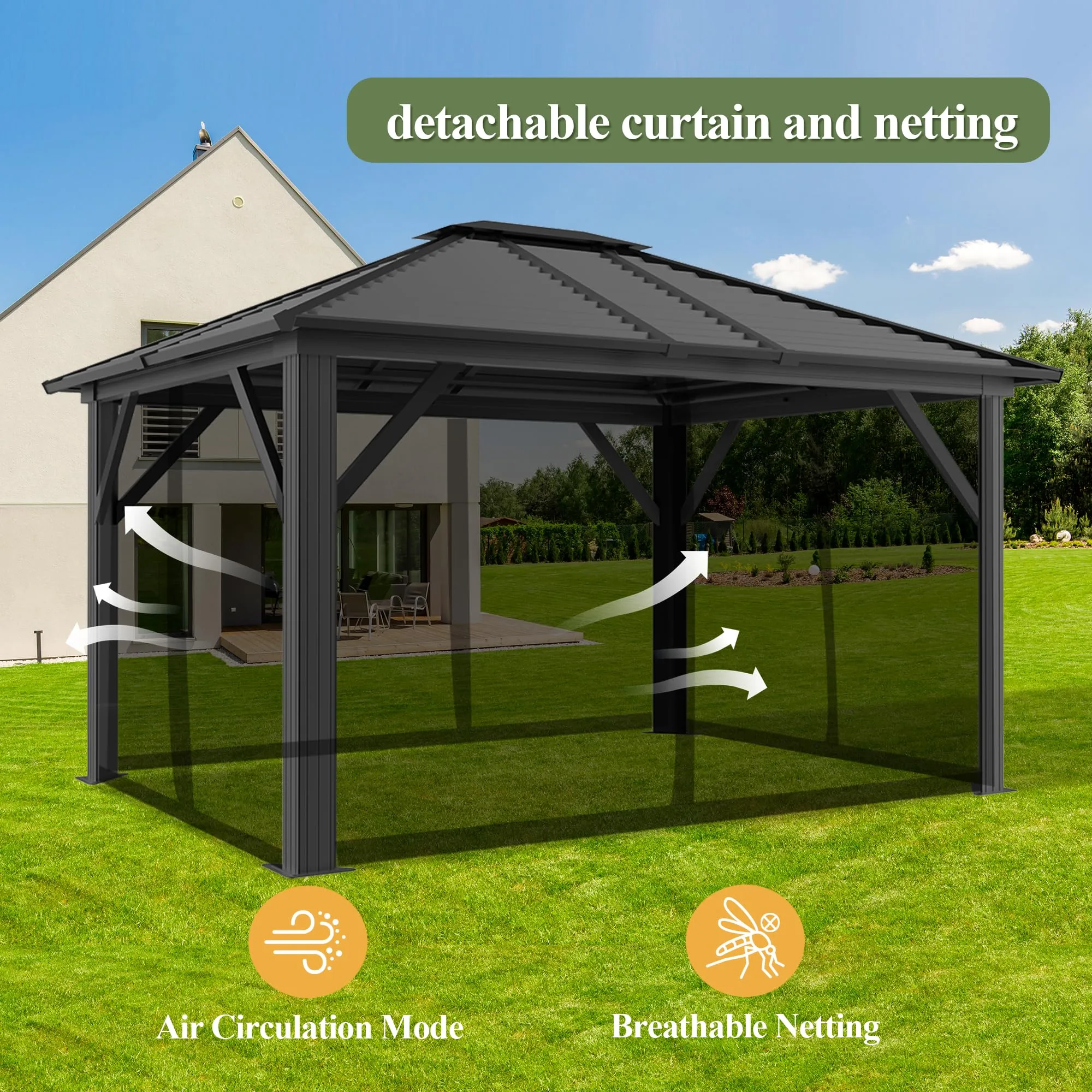 10x12ft Hardtop Gazebo with Netting and Fully Enclosed Zip Curtains, Heavy Duty Galvanized Steel Outdoor Stripes Roof for Patio, Backyard, Lawns (10x12 ft with Netting Only)