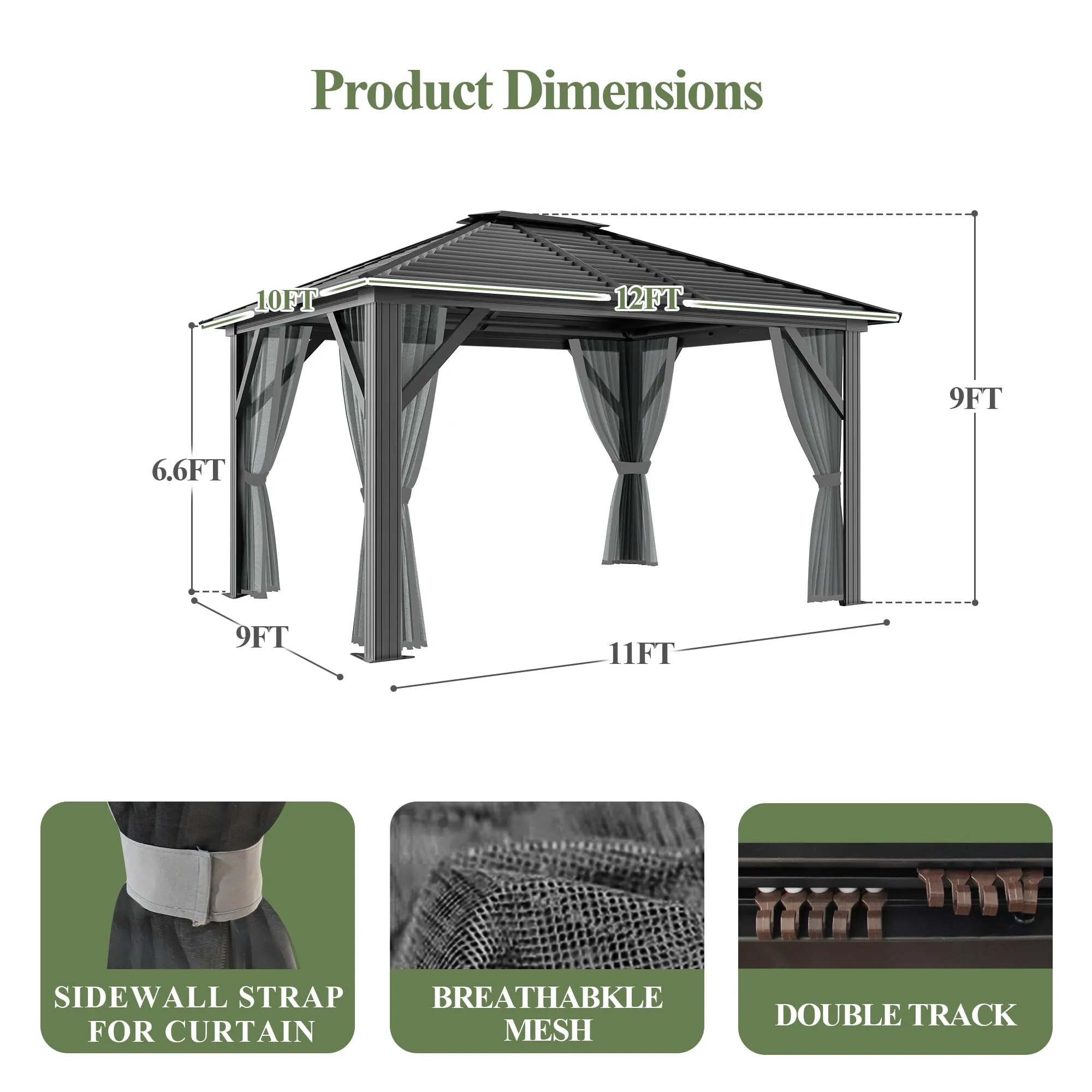 10x12ft Hardtop Gazebo with Netting and Fully Enclosed Zip Curtains, Heavy Duty Galvanized Steel Outdoor Stripes Roof for Patio, Backyard, Lawns (10x12 ft with Netting Only)