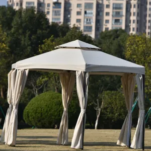 11ft.Wx11ft. L Outdoor Patio Hexagon Gazebo with Polyester Curtain Side Wall, Double Roofs for Decks, Poolsides, Gardens, Beige