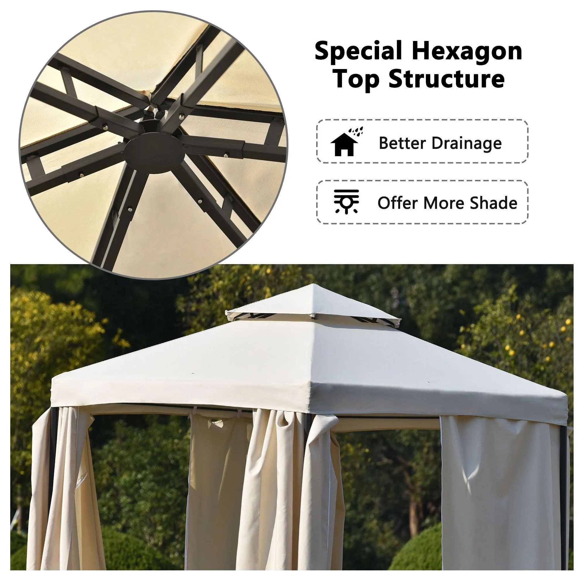 11ft.Wx11ft. L Outdoor Patio Hexagon Gazebo with Polyester Curtain Side Wall, Double Roofs for Decks, Poolsides, Gardens, Beige
