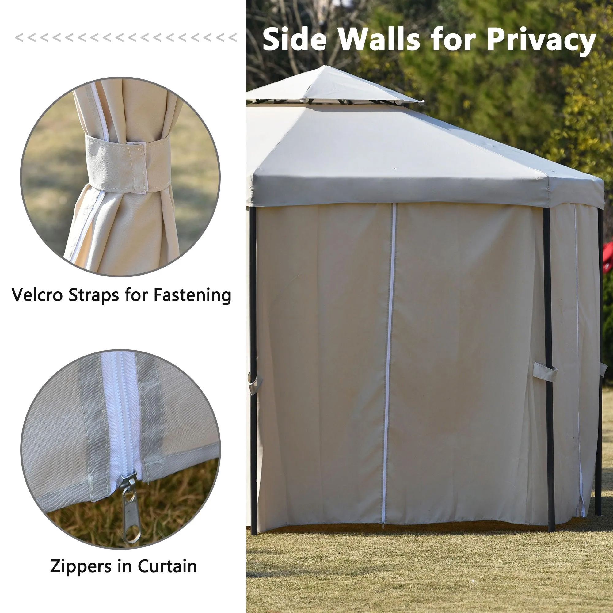 11ft.Wx11ft. L Outdoor Patio Hexagon Gazebo with Polyester Curtain Side Wall, Double Roofs for Decks, Poolsides, Gardens, Beige