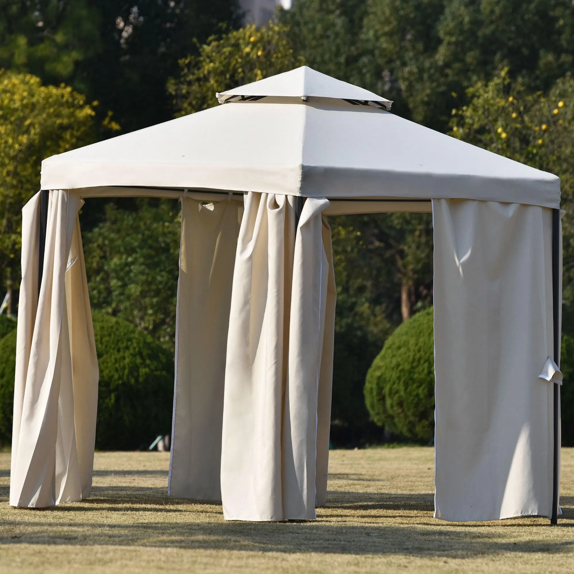 11ft.Wx11ft. L Outdoor Patio Hexagon Gazebo with Polyester Curtain Side Wall, Double Roofs for Decks, Poolsides, Gardens, Beige