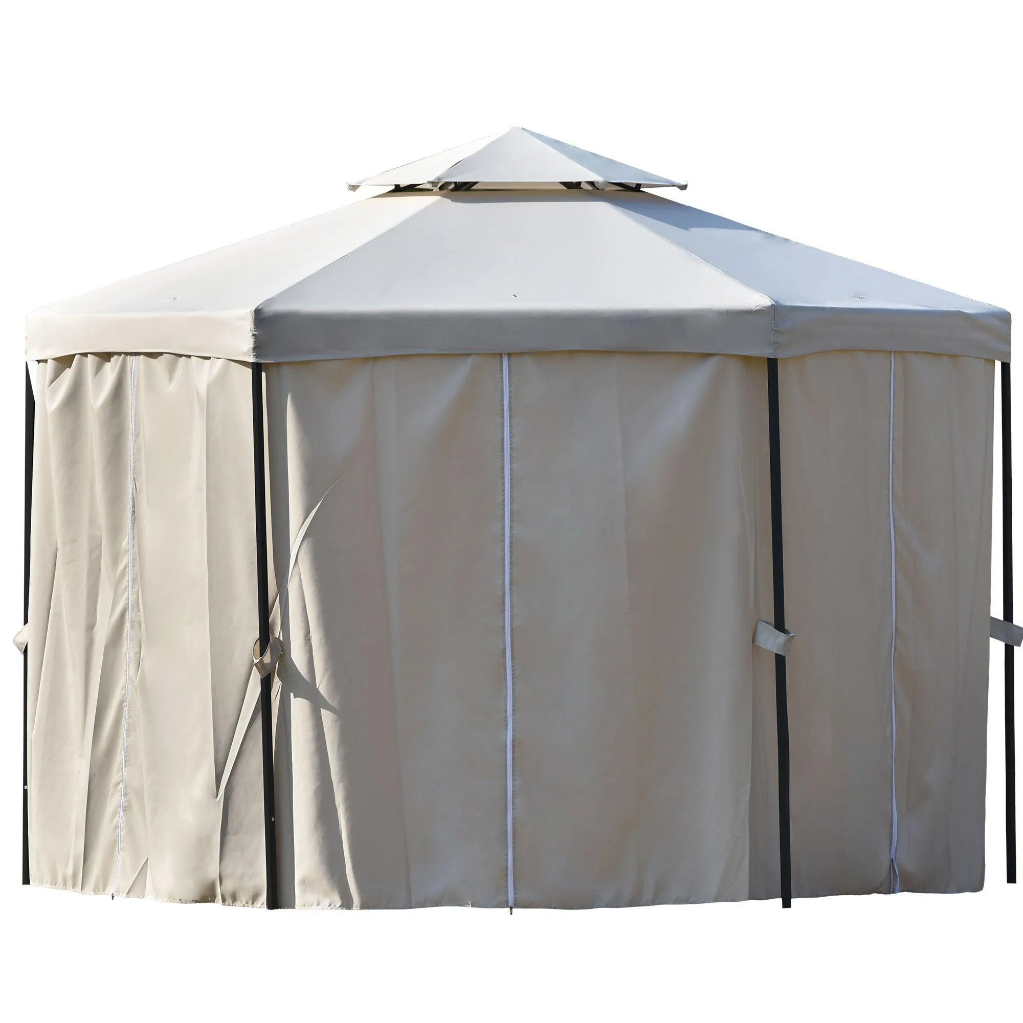 11ft.Wx11ft. L Outdoor Patio Hexagon Gazebo with Polyester Curtain Side Wall, Double Roofs for Decks, Poolsides, Gardens, Beige