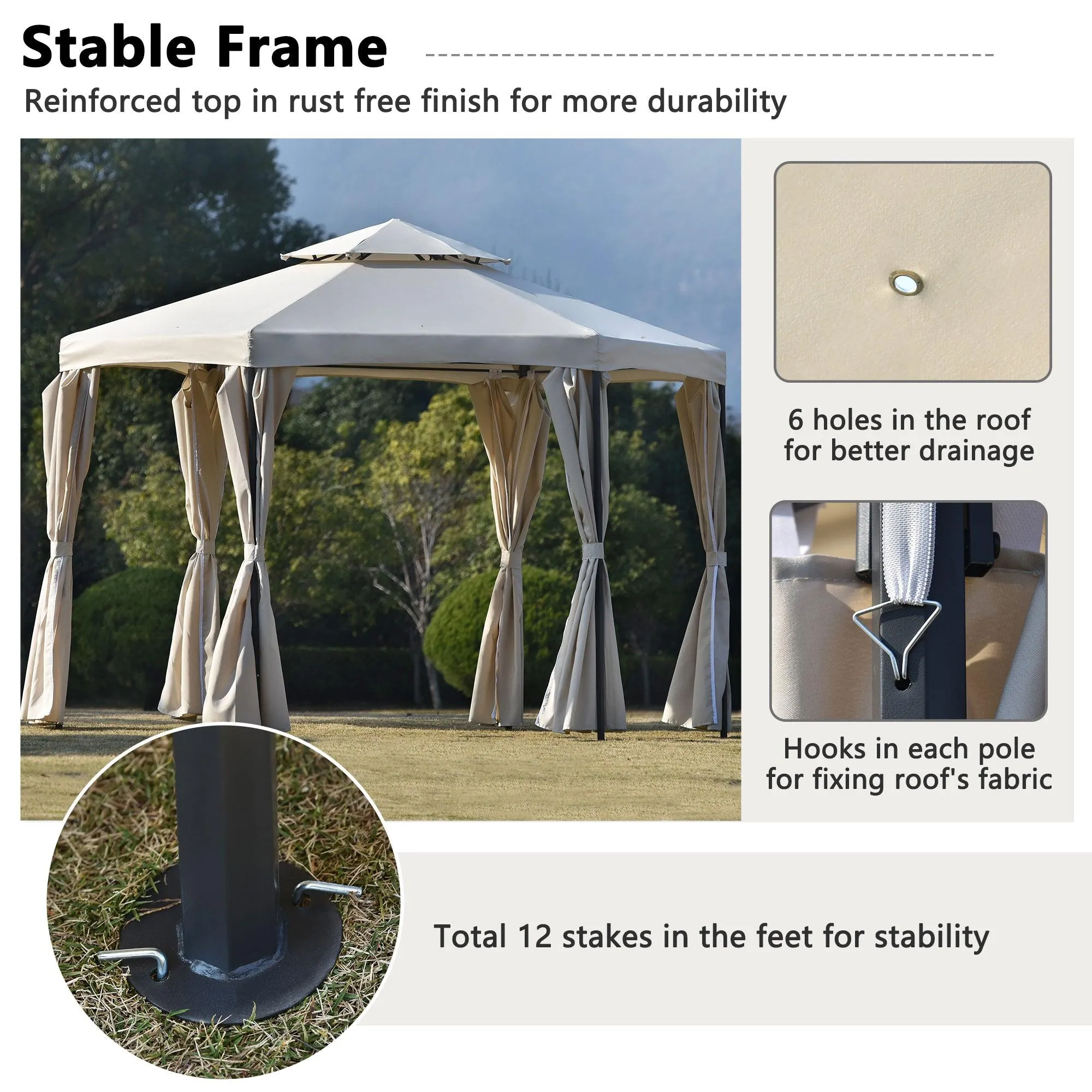 11ft.Wx11ft. L Outdoor Patio Hexagon Gazebo with Polyester Curtain Side Wall, Double Roofs for Decks, Poolsides, Gardens, Beige