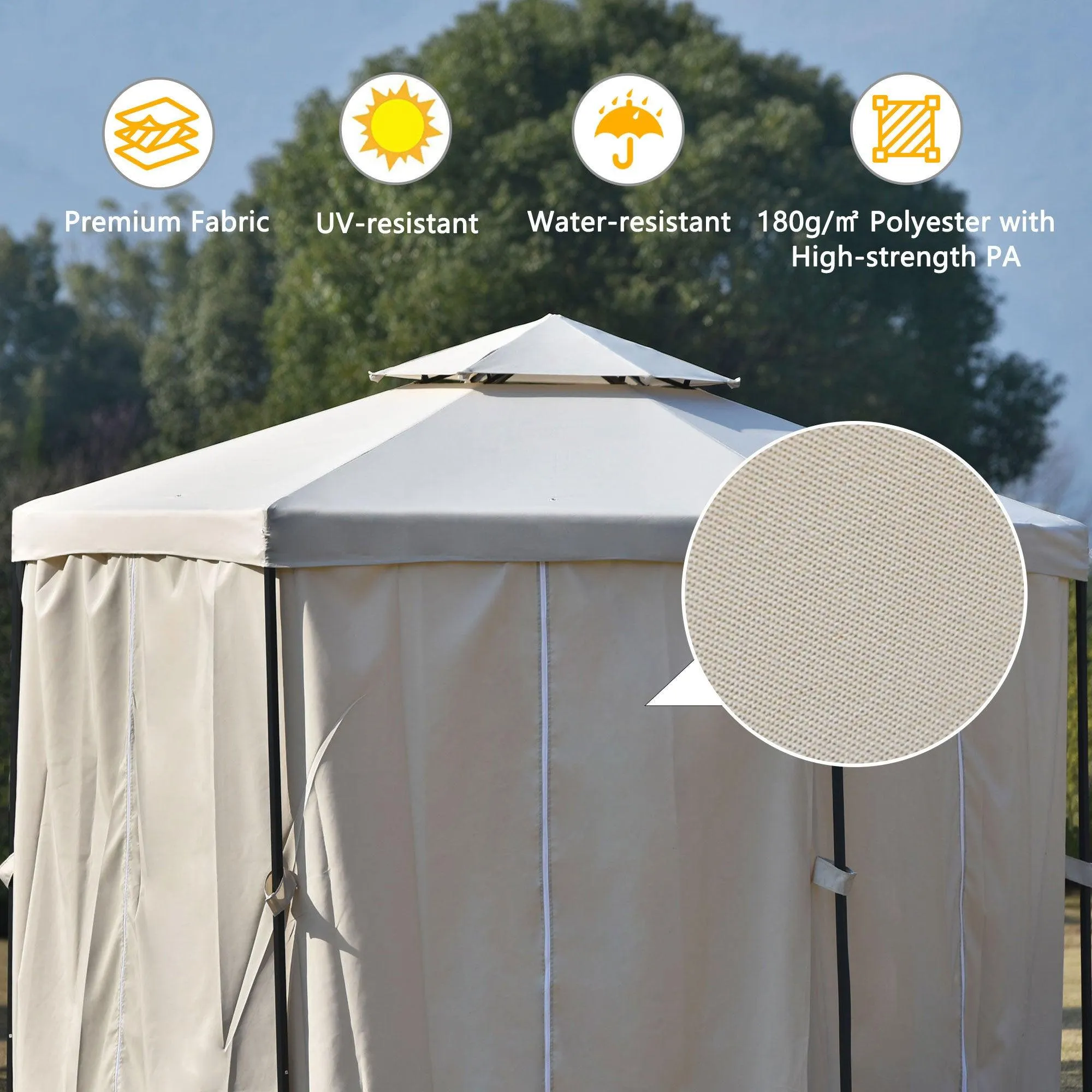 11ft.Wx11ft. L Outdoor Patio Hexagon Gazebo with Polyester Curtain Side Wall, Double Roofs for Decks, Poolsides, Gardens, Beige