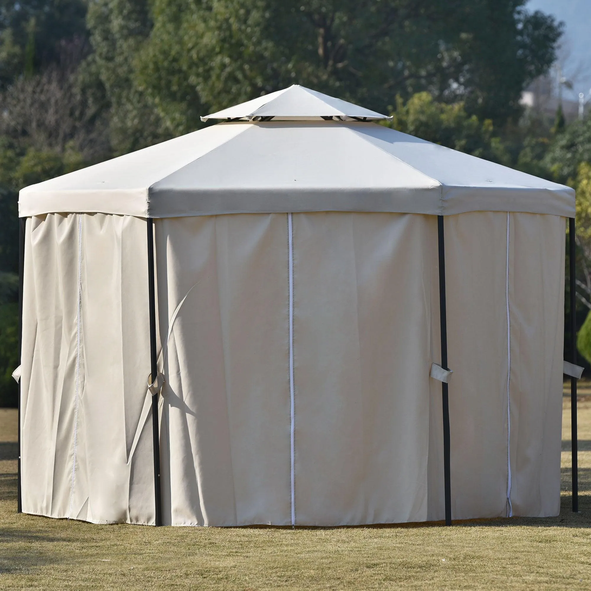 11ft.Wx11ft. L Outdoor Patio Hexagon Gazebo with Polyester Curtain Side Wall, Double Roofs for Decks, Poolsides, Gardens, Beige