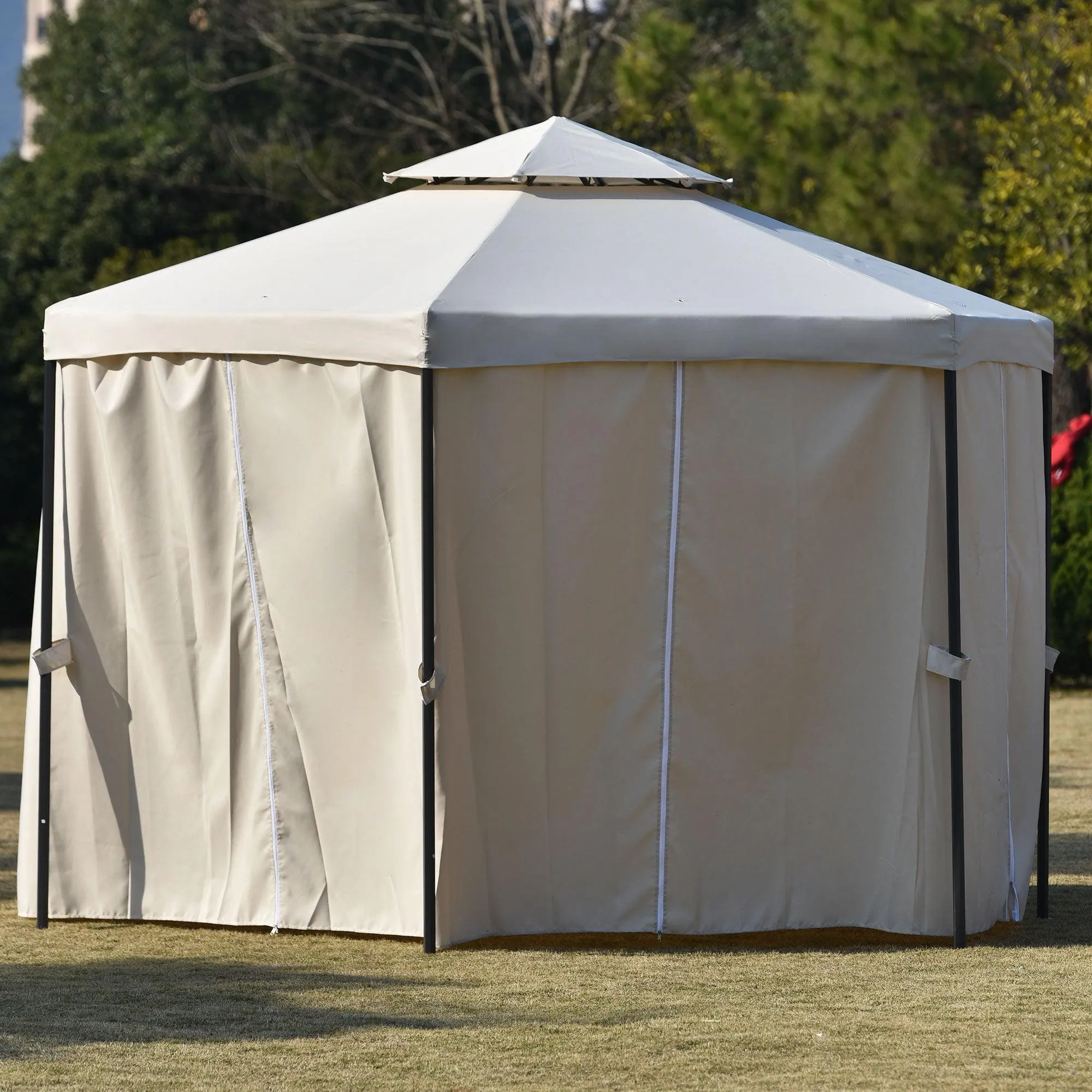 11ft.Wx11ft. L Outdoor Patio Hexagon Gazebo with Polyester Curtain Side Wall, Double Roofs for Decks, Poolsides, Gardens, Beige