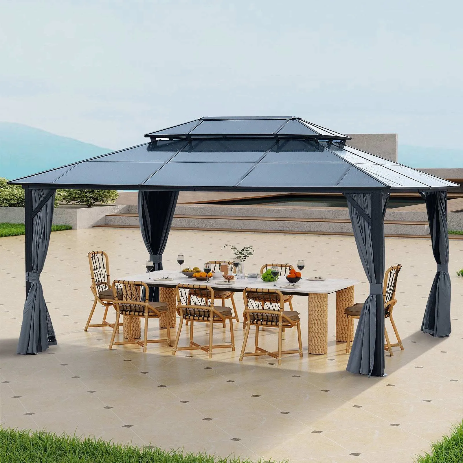 16x12 ft Gazebo Polycarbonate Double Roof Canopy