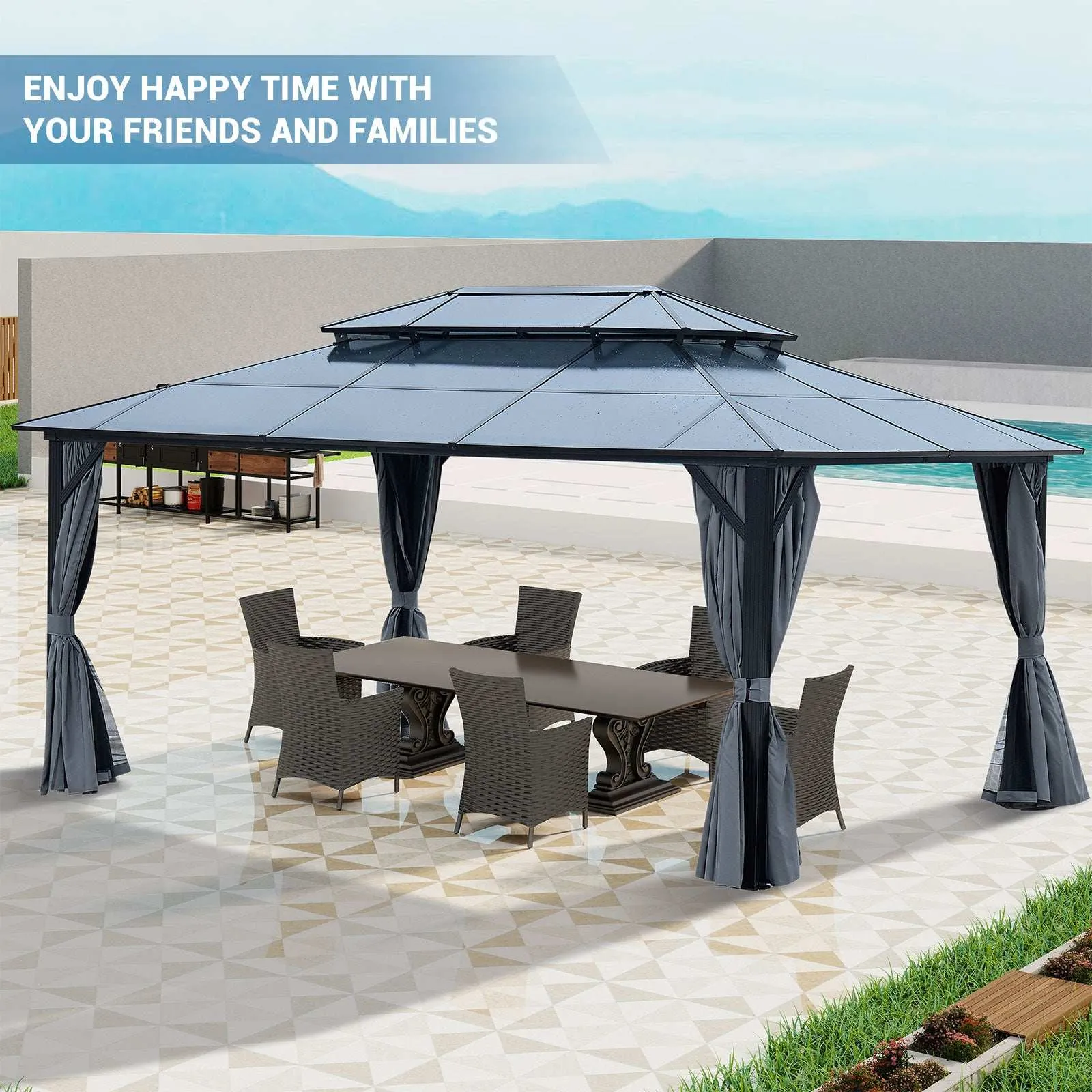 16x12 ft Gazebo Polycarbonate Double Roof Canopy