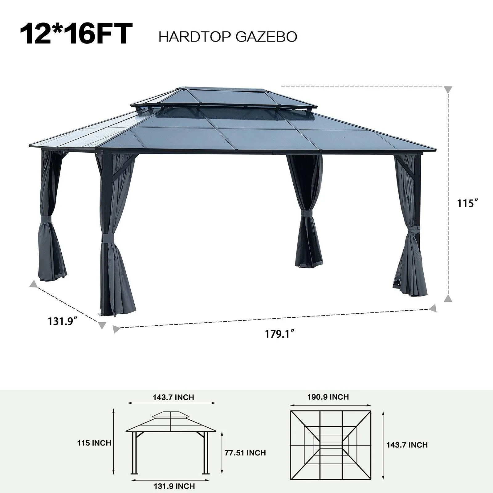 16x12 ft Gazebo Polycarbonate Double Roof Canopy