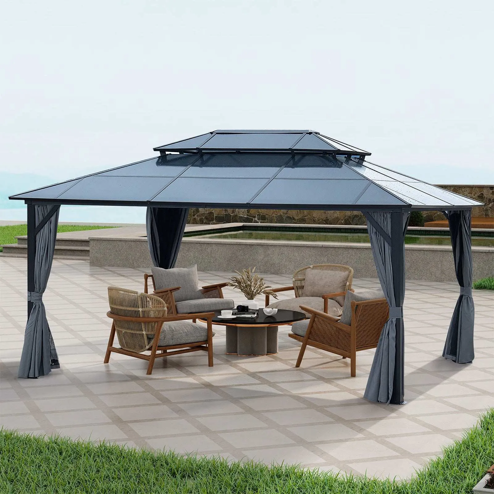 16x12 ft Gazebo Polycarbonate Double Roof Canopy