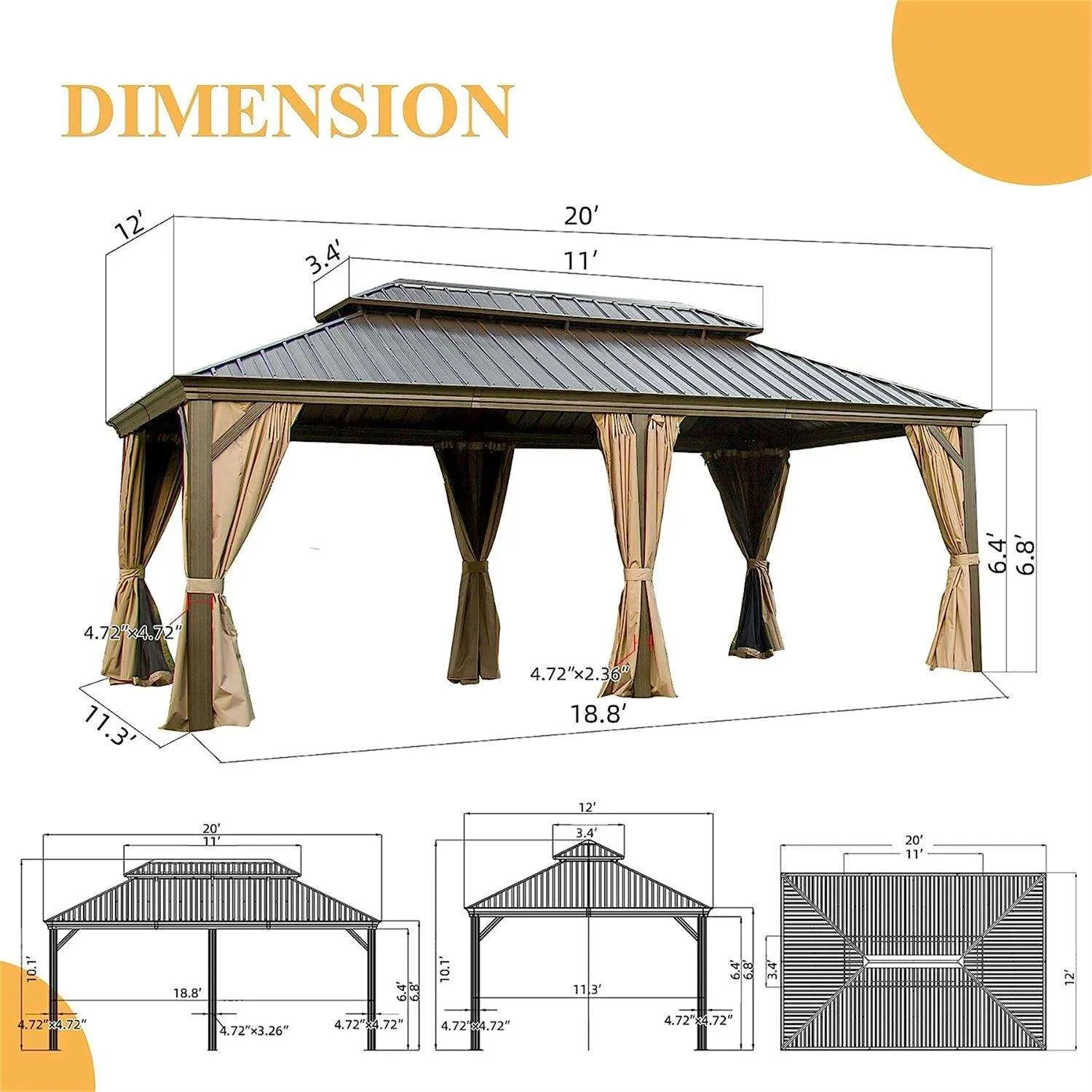 20x12 Ft Hardtop Gazebo, Outdoor Aluminum Frame Canopy with Galvanized Steel Double Roof