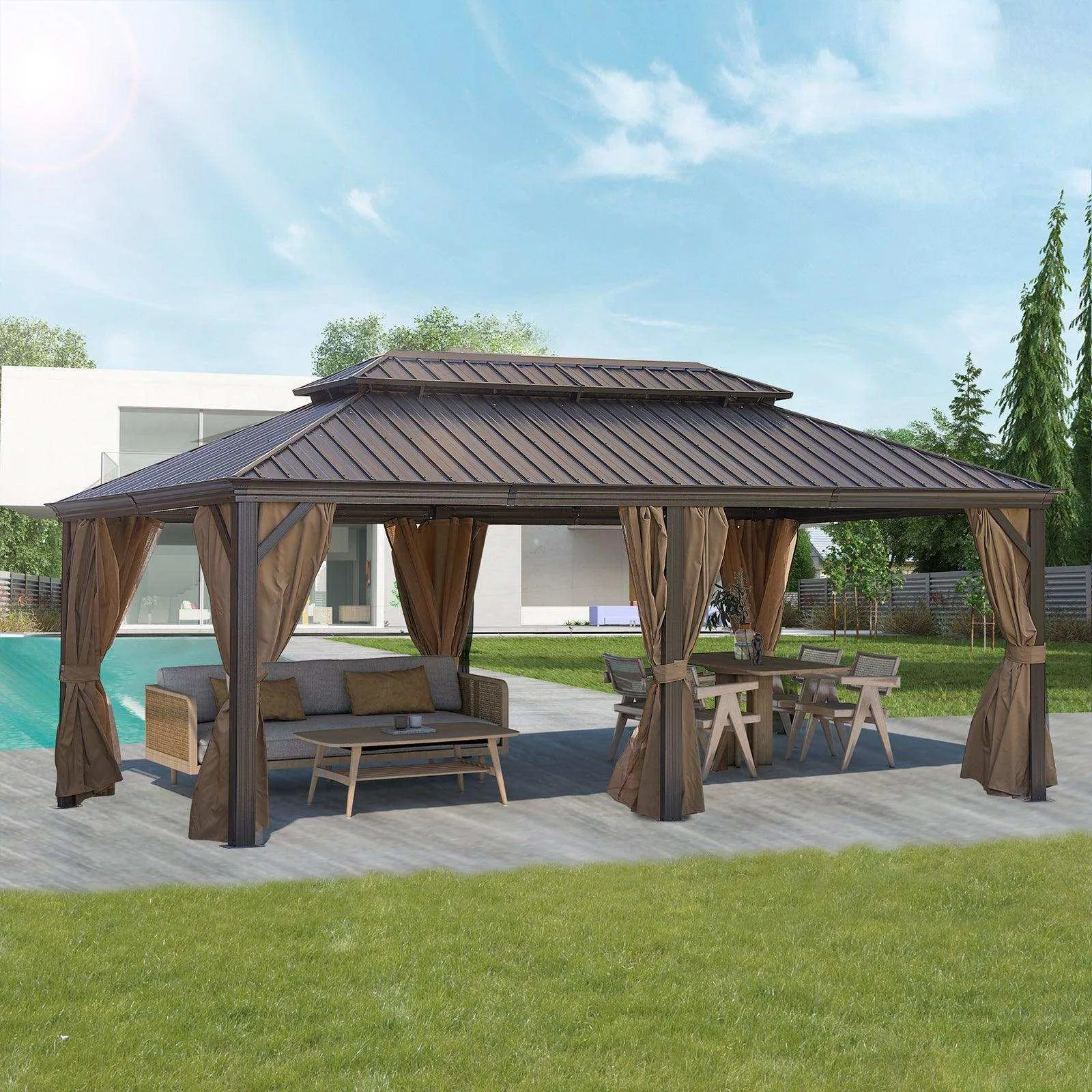 20x12 ft Patio Gazebo, Alu Gazebo With Steel Canopy