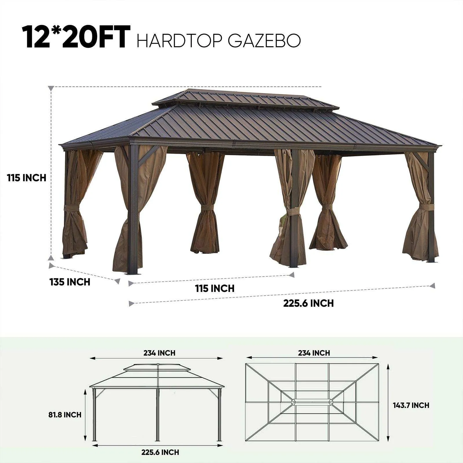 20x12 ft Patio Gazebo, Alu Gazebo With Steel Canopy