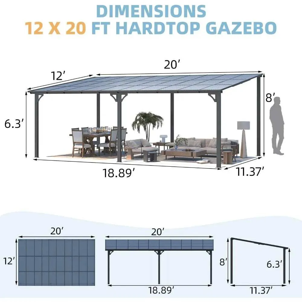 20x12 ft Wall Mounted Gazebo, Large Lean to Metal Awning Gazebo with Sloping Roof