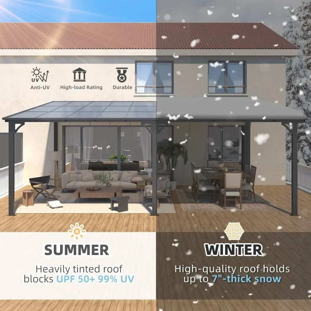 20x12 ft Wall Mounted Gazebo, Large Lean to Metal Awning Gazebo with Sloping Roof