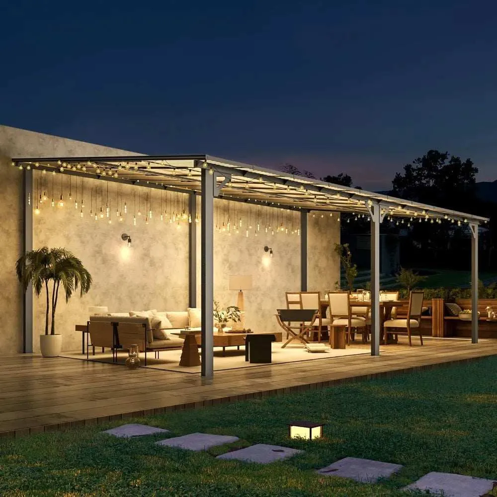 20x12 ft Wall Mounted Gazebo, Large Lean to Metal Awning Gazebo with Sloping Roof