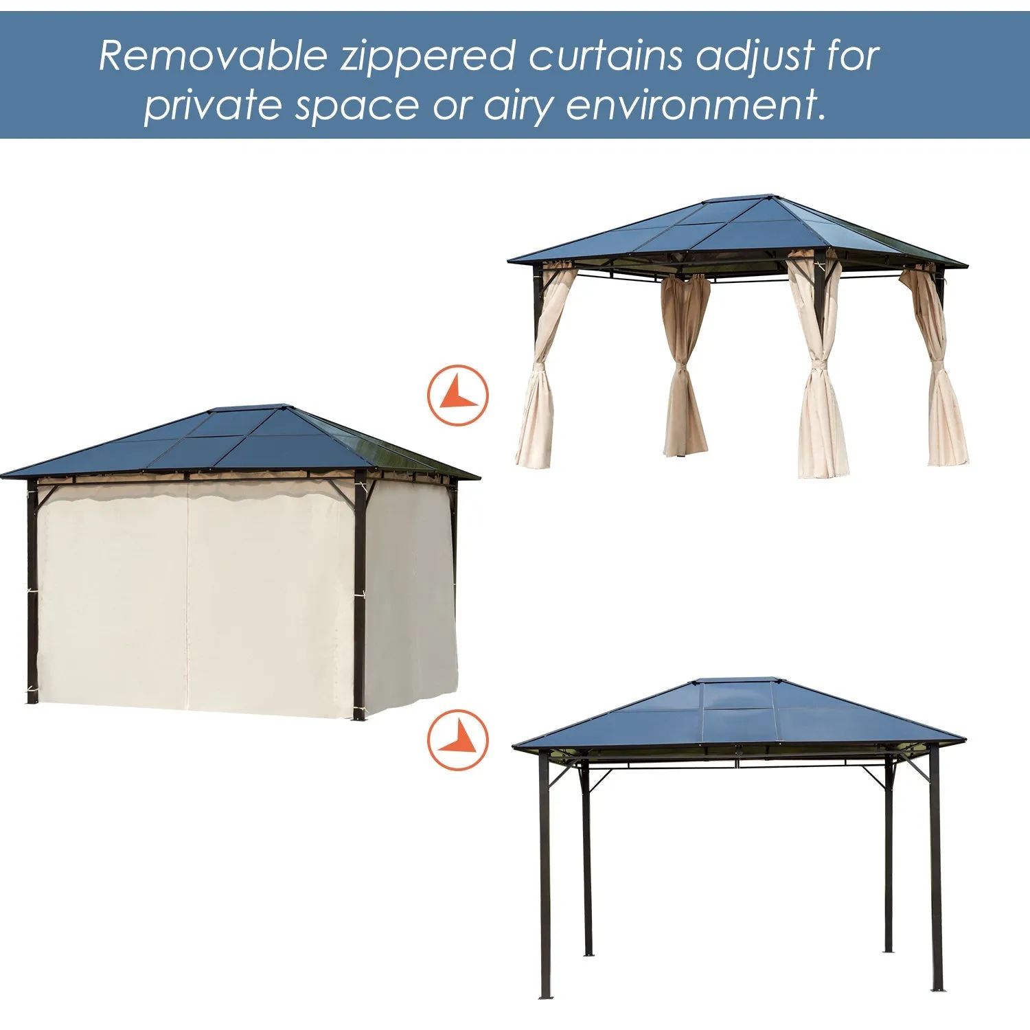3 x 3.6m Hardtop Gazebo Canopy with Polycarbonate Roof Garden Pavilion with Removable Curtains and Steel Frame