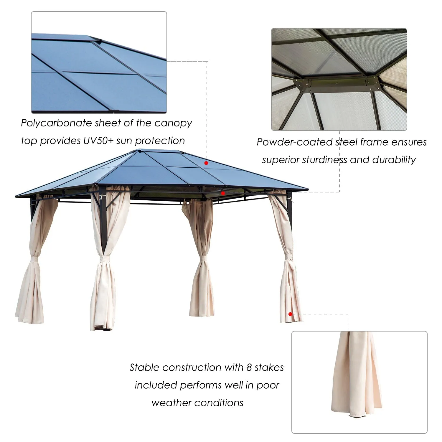 3 x 3.6m Hardtop Gazebo Canopy with Polycarbonate Roof Garden Pavilion with Removable Curtains and Steel Frame