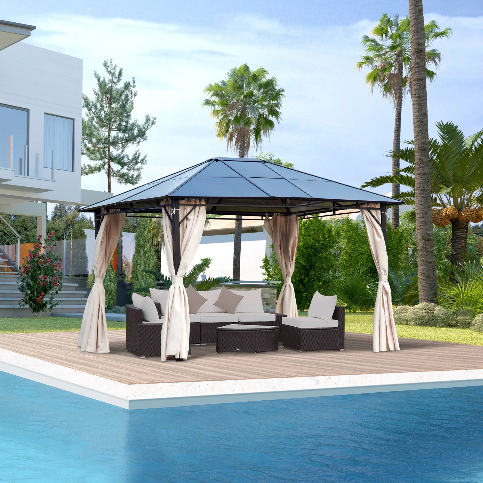 3 x 3.6m Hardtop Gazebo Canopy with Polycarbonate Roof Garden Pavilion with Removable Curtains and Steel Frame