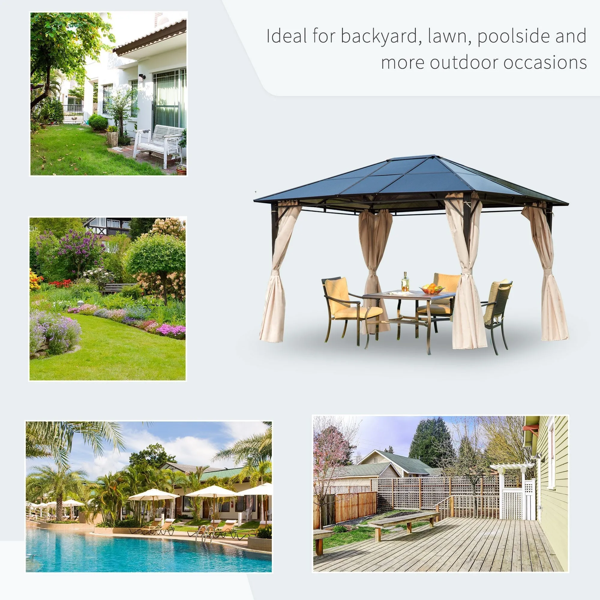 3 x 3.6m Hardtop Gazebo Canopy with Polycarbonate Roof Garden Pavilion with Removable Curtains and Steel Frame