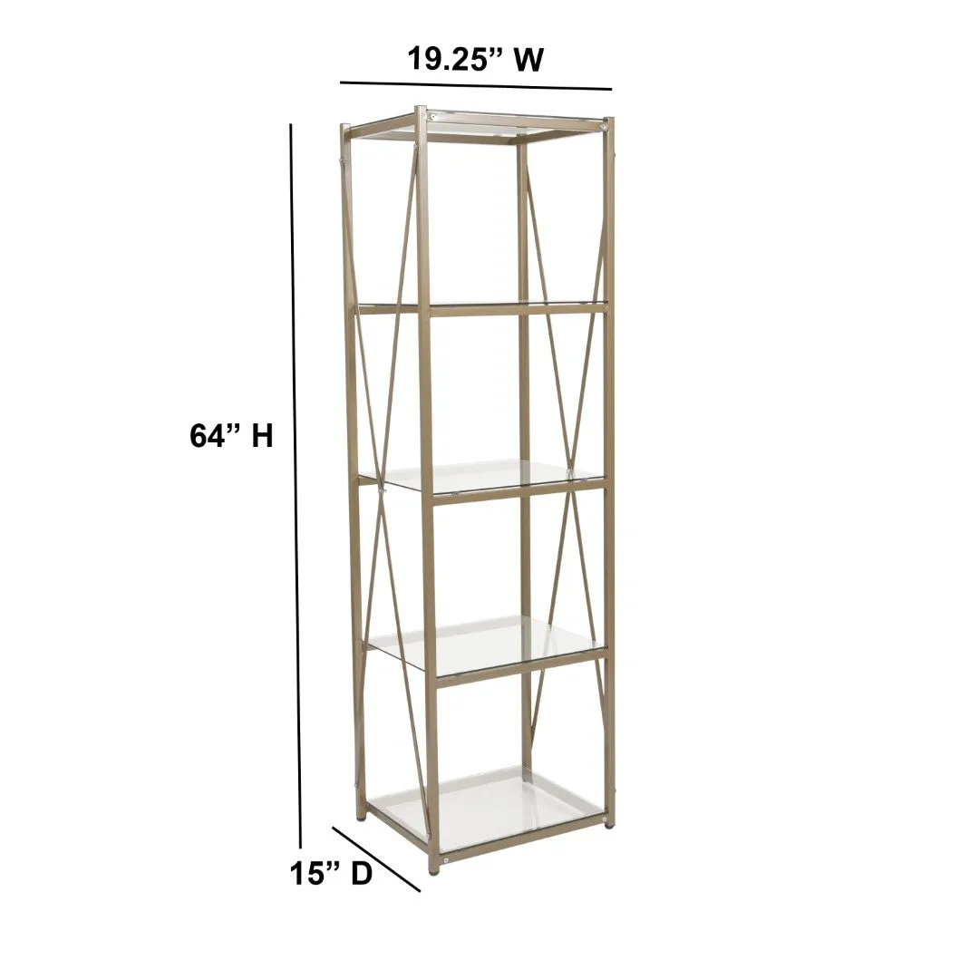 4 Shelf 64"H Cross Brace Glass Bookcase in Matte