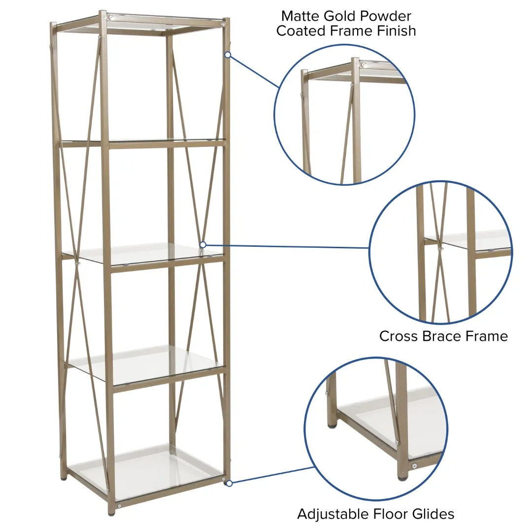 4 Shelf 64"H Cross Brace Glass Bookcase in Matte