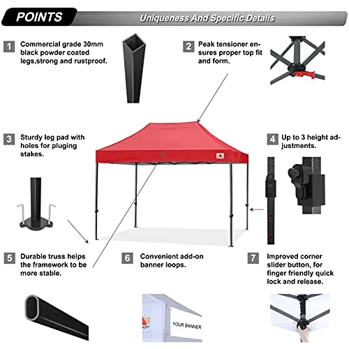 ABCCANOPY Heavy Duty Ez Pop up Canopy Tent with Sidewalls 10x15, Red