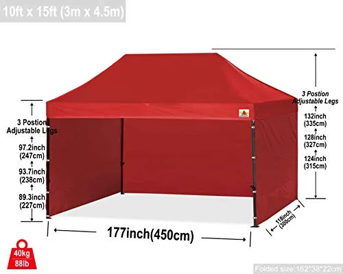 ABCCANOPY Heavy Duty Ez Pop up Canopy Tent with Sidewalls 10x15, Red