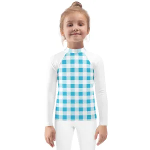 Aqua Blue and White Gingham Kids Rash Guard with White Sleeves