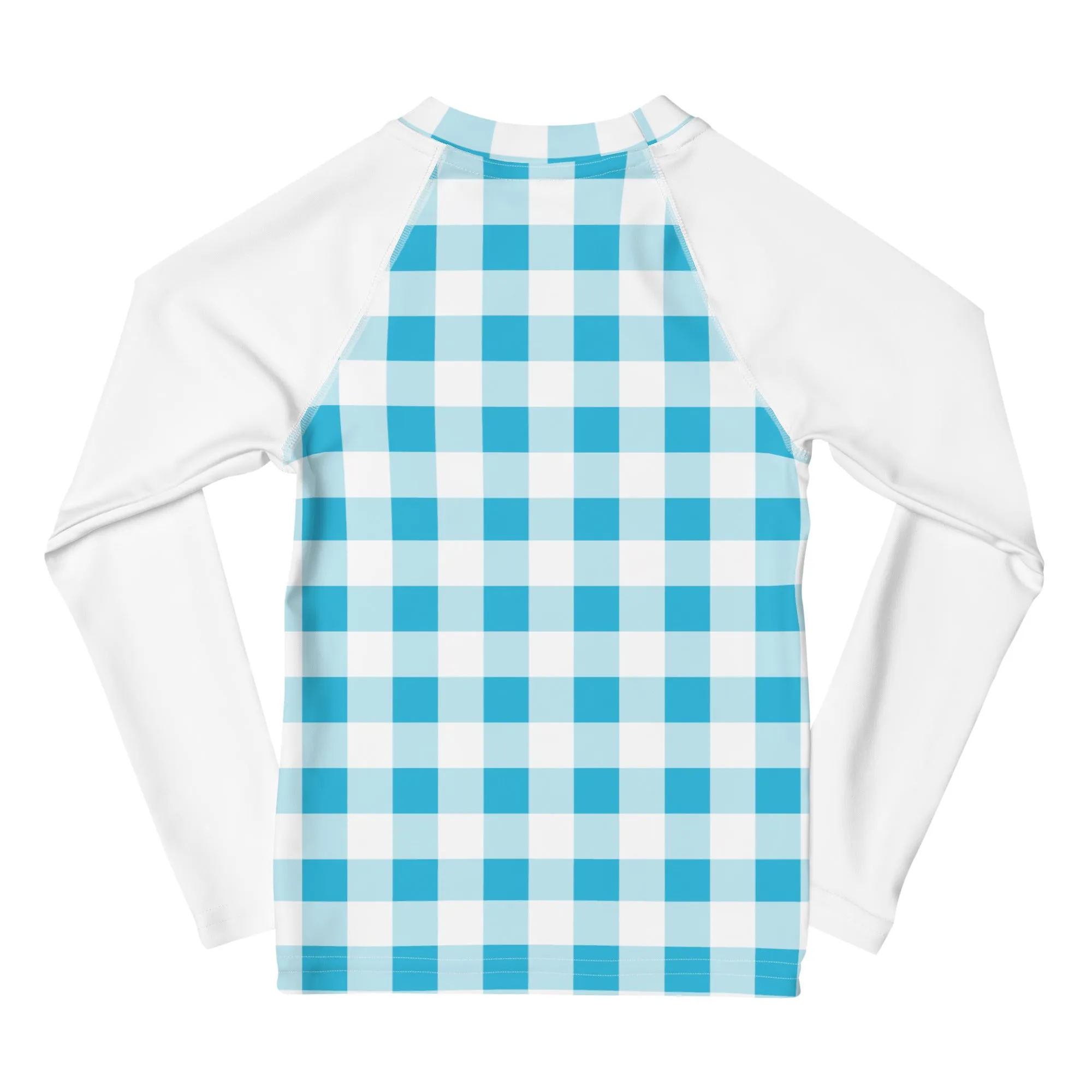 Aqua Blue and White Gingham Kids Rash Guard with White Sleeves