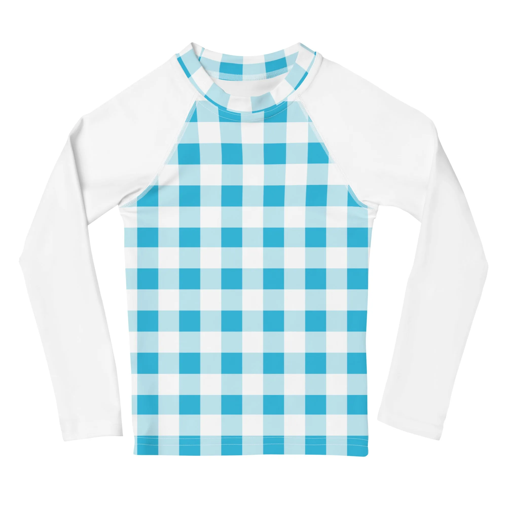 Aqua Blue and White Gingham Kids Rash Guard with White Sleeves
