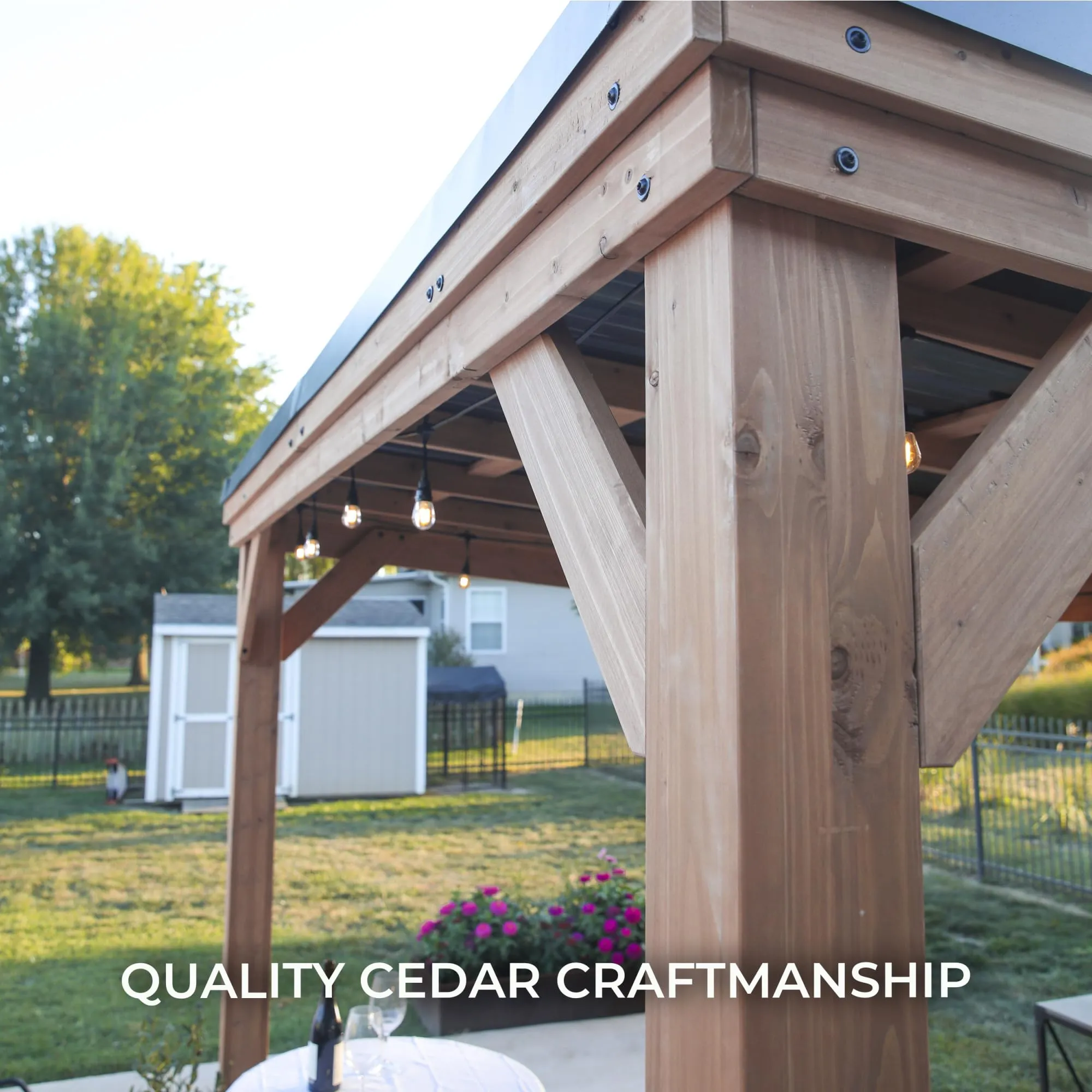 Backyard Discovery Arcadia 24' x 12' Cedar Wood Outdoor Gazebo Pavilion with Hardtop Steel Metal Slope Roof, Snow Load Support, Wind Resistance, PowerPort, Expansive Design for Garden, Patio, or Deck