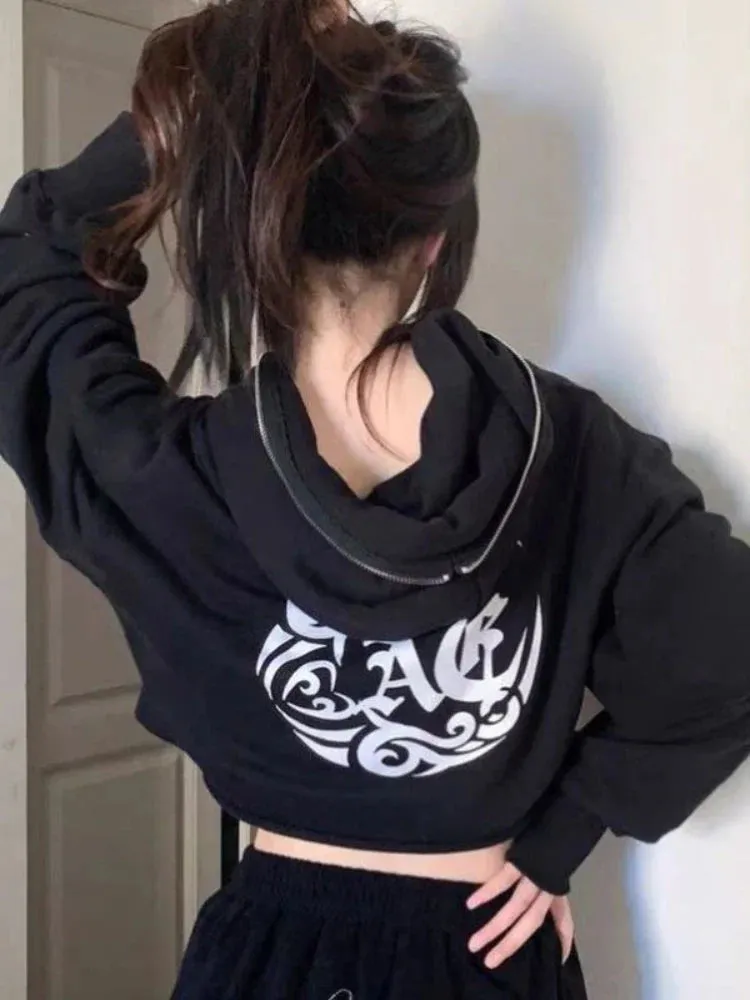 Black Friday Joskaa Goth Print Hoodies Women Retro Harajuku Hip Hop Jacket High Street Zip Up Hoodie Casual Sweatshirt Clothes Y2K Crop Tops