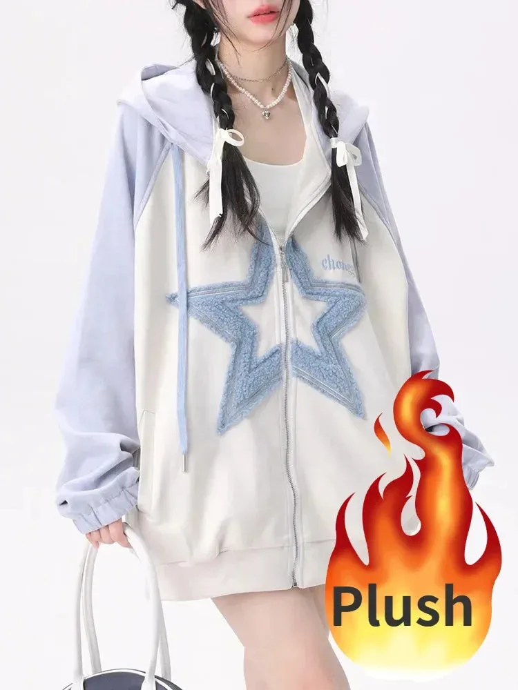 Black Friday Joskaa Star Pattern Zip Up Hoodies Women Oversized Streetwear Patchwork Sweatshirts Cutecore Fashion Aesthetic Kawaii Clothes