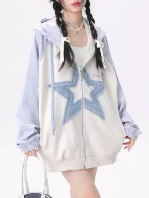 Black Friday Joskaa Star Pattern Zip Up Hoodies Women Oversized Streetwear Patchwork Sweatshirts Cutecore Fashion Aesthetic Kawaii Clothes