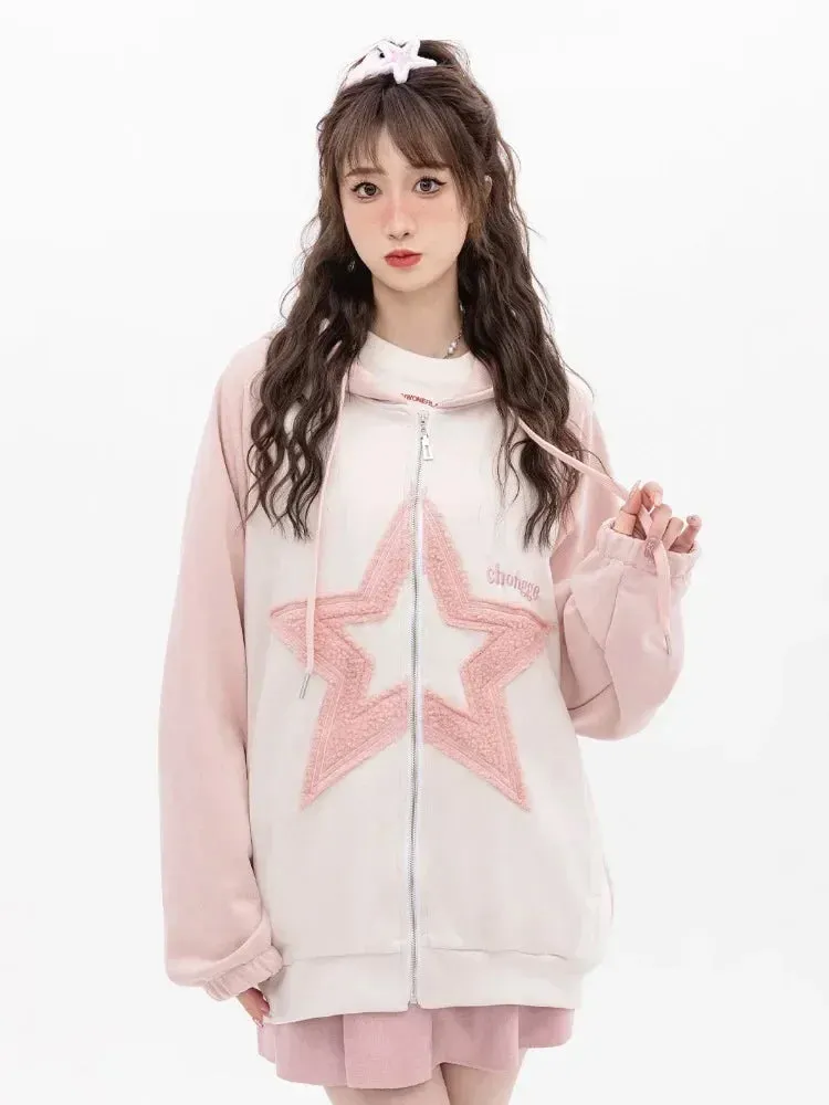Black Friday Joskaa Star Pattern Zip Up Hoodies Women Oversized Streetwear Patchwork Sweatshirts Cutecore Fashion Aesthetic Kawaii Clothes