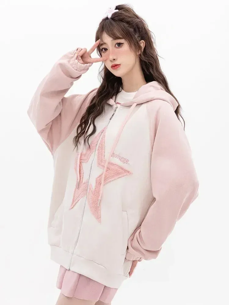 Black Friday Joskaa Star Pattern Zip Up Hoodies Women Oversized Streetwear Patchwork Sweatshirts Cutecore Fashion Aesthetic Kawaii Clothes