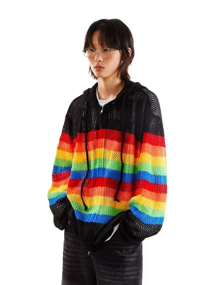 Black Friday Joskaa Y2k Colorful Stripes Zip Up Hoodies Women Hollow Out Knitted Oversized Sweatshirts Streetwear Fashion Hip Hop Tops Coat
