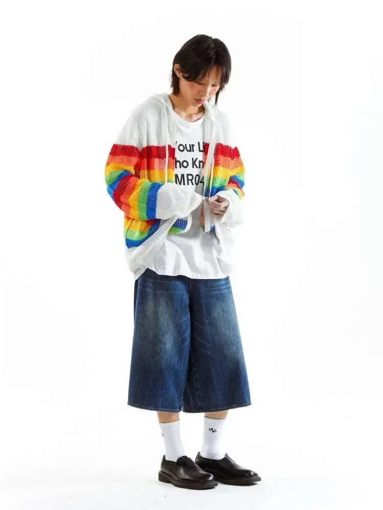 Black Friday Joskaa Y2k Colorful Stripes Zip Up Hoodies Women Hollow Out Knitted Oversized Sweatshirts Streetwear Fashion Hip Hop Tops Coat