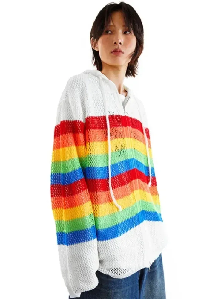 Black Friday Joskaa Y2k Colorful Stripes Zip Up Hoodies Women Hollow Out Knitted Oversized Sweatshirts Streetwear Fashion Hip Hop Tops Coat