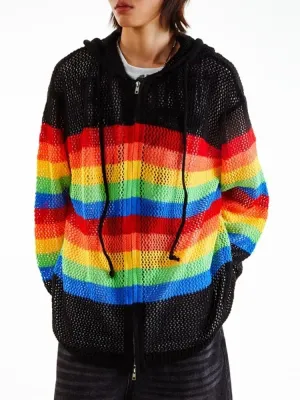 Black Friday Joskaa Y2k Colorful Stripes Zip Up Hoodies Women Hollow Out Knitted Oversized Sweatshirts Streetwear Fashion Hip Hop Tops Coat