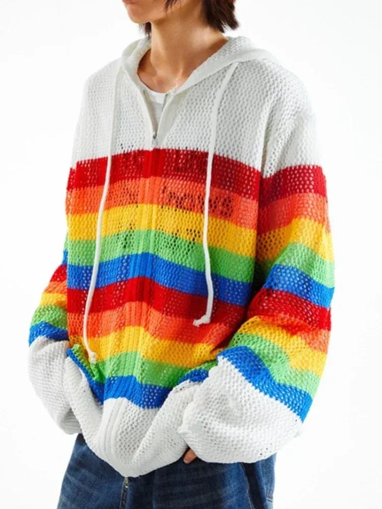 Black Friday Joskaa Y2k Colorful Stripes Zip Up Hoodies Women Hollow Out Knitted Oversized Sweatshirts Streetwear Fashion Hip Hop Tops Coat