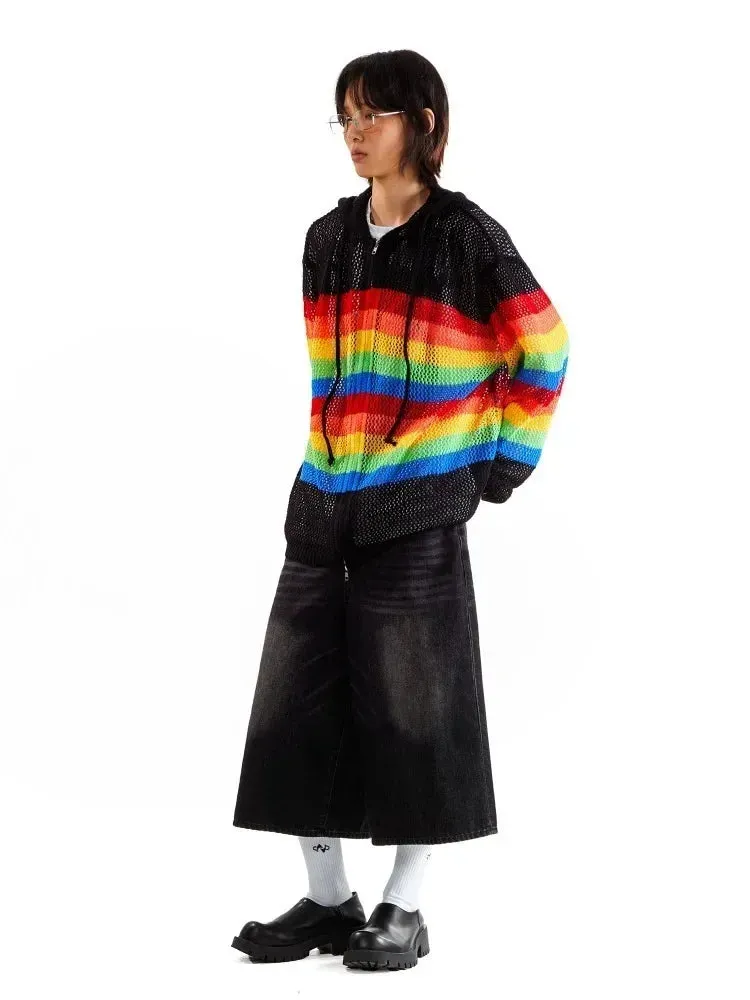 Black Friday Joskaa Y2k Colorful Stripes Zip Up Hoodies Women Hollow Out Knitted Oversized Sweatshirts Streetwear Fashion Hip Hop Tops Coat
