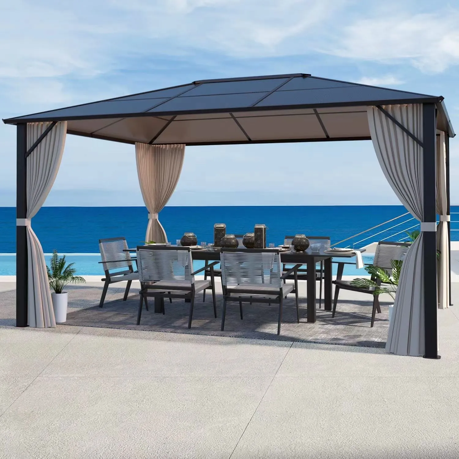 EROMMY 10’ x 12’ Patio Hardtop Gazebo Aluminum Frame Gazebos with Netting & Curtain, Outdoor Polycarbonate Gazebo For Garden, Patio, Lawns